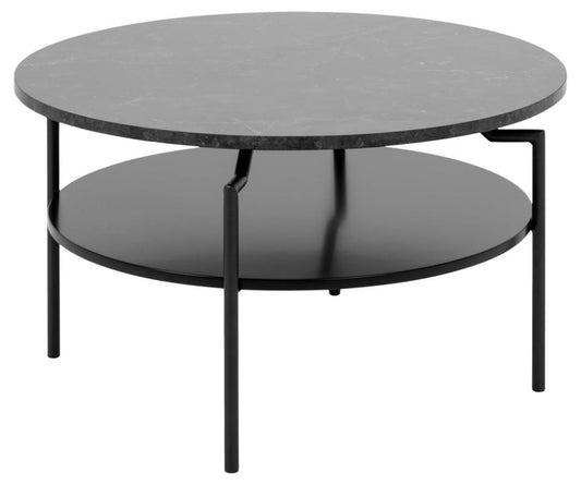 Goldington round coffee table, top black marble Izmir melamine, shelf black PU painted MDF, base matt black rough powder coated steel, Ø80x45 cm