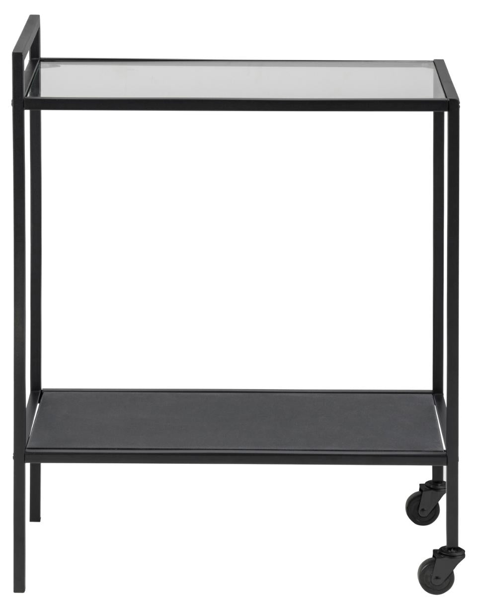 Seaford rectangular serving trolley, top clear tempered glass, shelf black tempered and frosted glass, base matt black rough powder coated steel, 60x30x75 cm