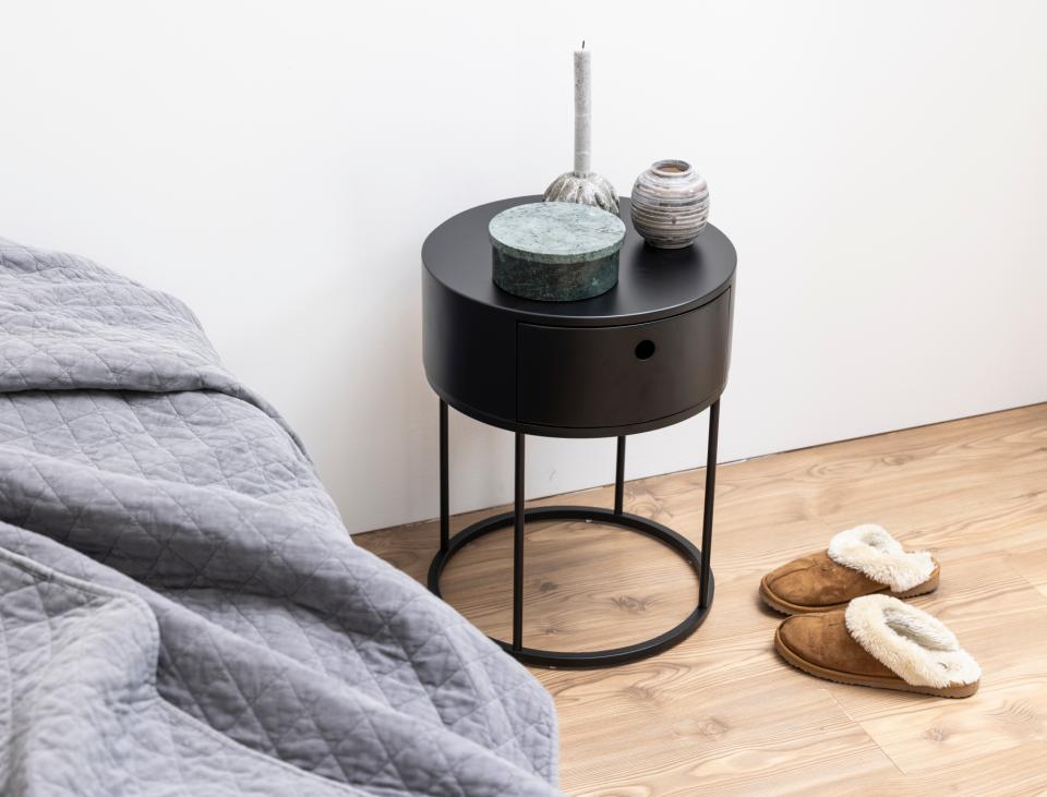 Polo round bedside table, top and drawer black PU painted MDF, base matt black rough powder coated steel, Ø40x51 cm