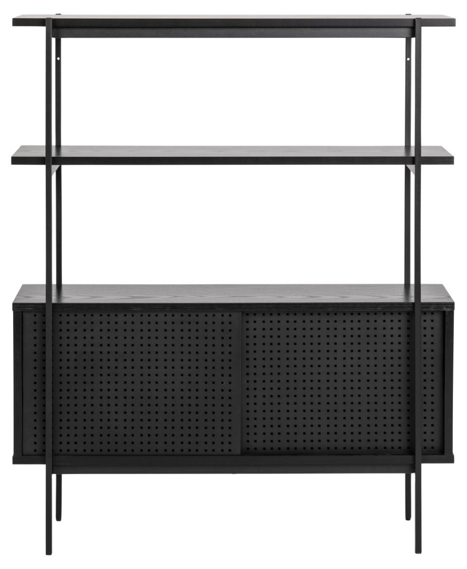 Angus bookcase, frame, 2 doors and base matt black rough powder coated steel, shelf ash black rough melamine, with metal mesh and sliding door, 94x27x113,8 cm