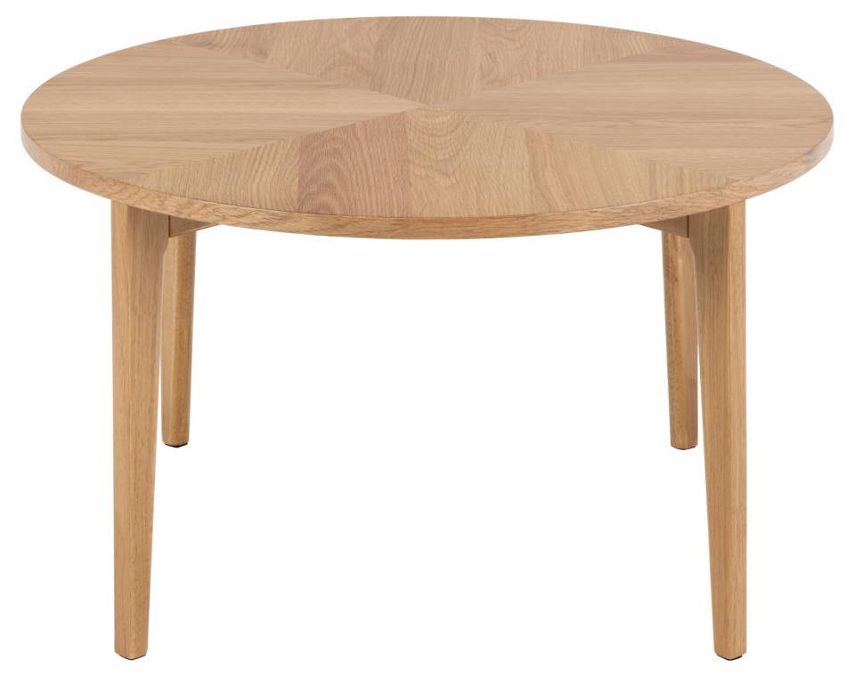 Laudal round coffee table, top oak PU lacquered veneer, base oak stained NC lacquered rubberwood, with starburst, Ø80x42 cm