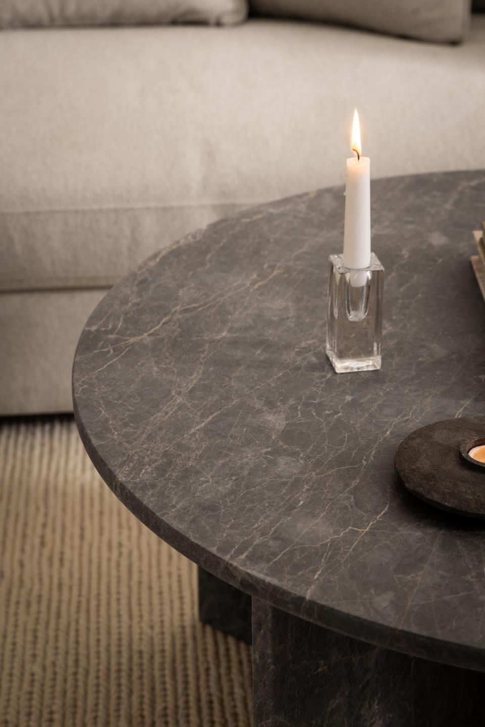 Vega round coffee table, top and V-shape base matt brown Marron lacquered marble, Ø90x42 cm