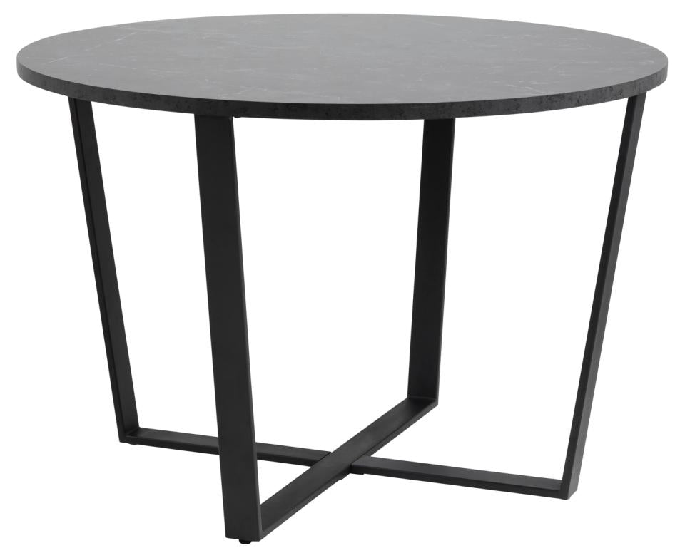 Amble round dining table, top black marble Izmir melamine, base matt black rough powder coated steel, Ø110x75 cm