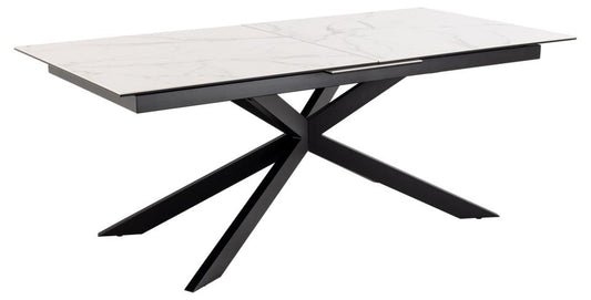 Irwine rectangular dining table, top white Akranes rough ceramic, cross base matt black rough powder coated steel, with extension leaf storage and synchronous extension, 200/240x100x76 cm