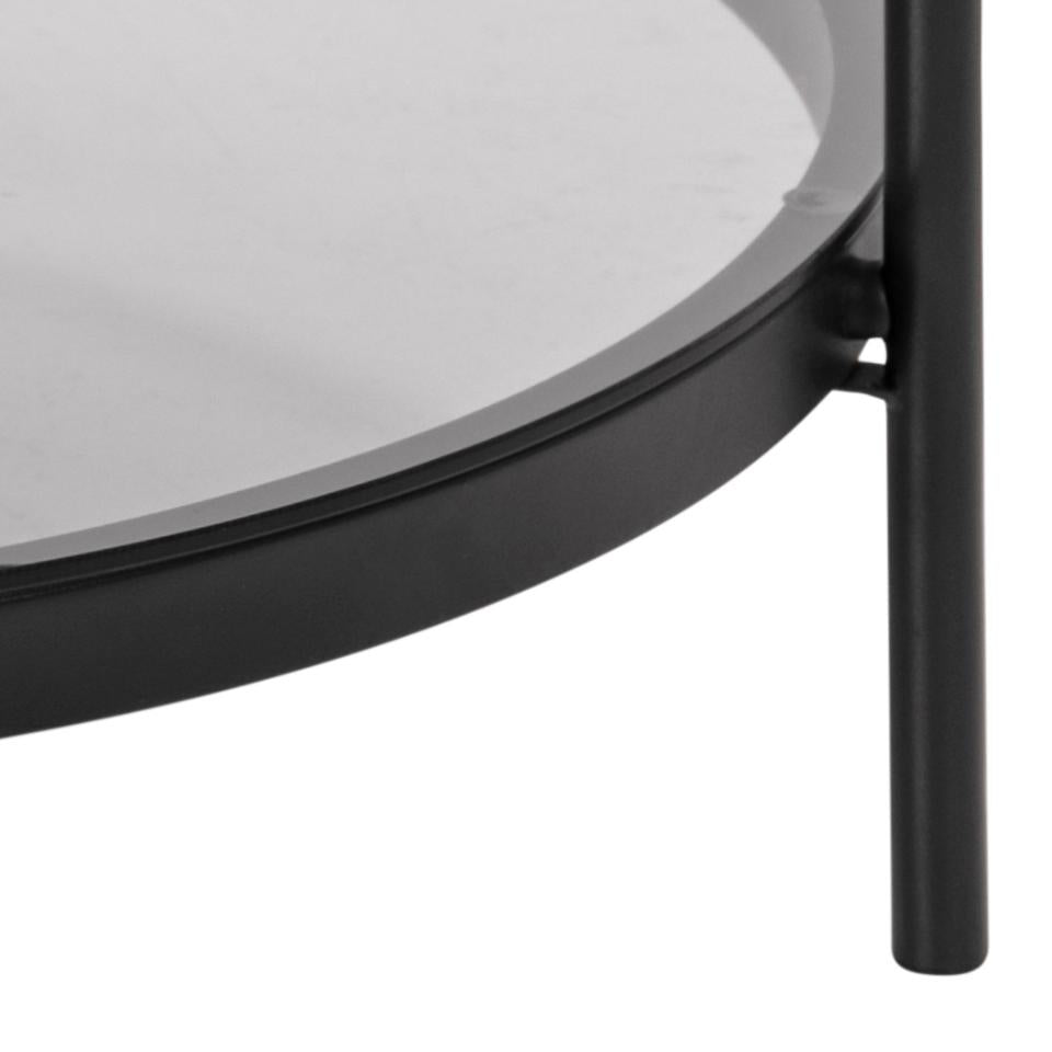 Bayonne round coffee table, top and shelf smoked tempered glass, base matt black rough powder coated steel, Ø79x42 cm