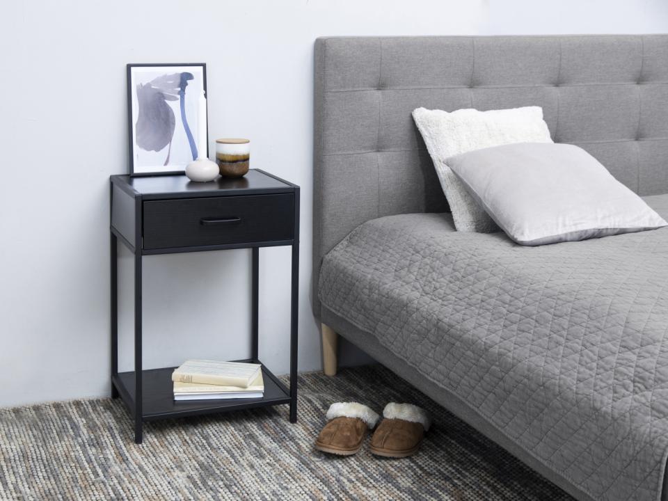 Seaford rectangular bedside table, top, drawer and shelf ash black rough melamine, base matt black rough powder coated steel, with metal runners, 42x35x63 cm