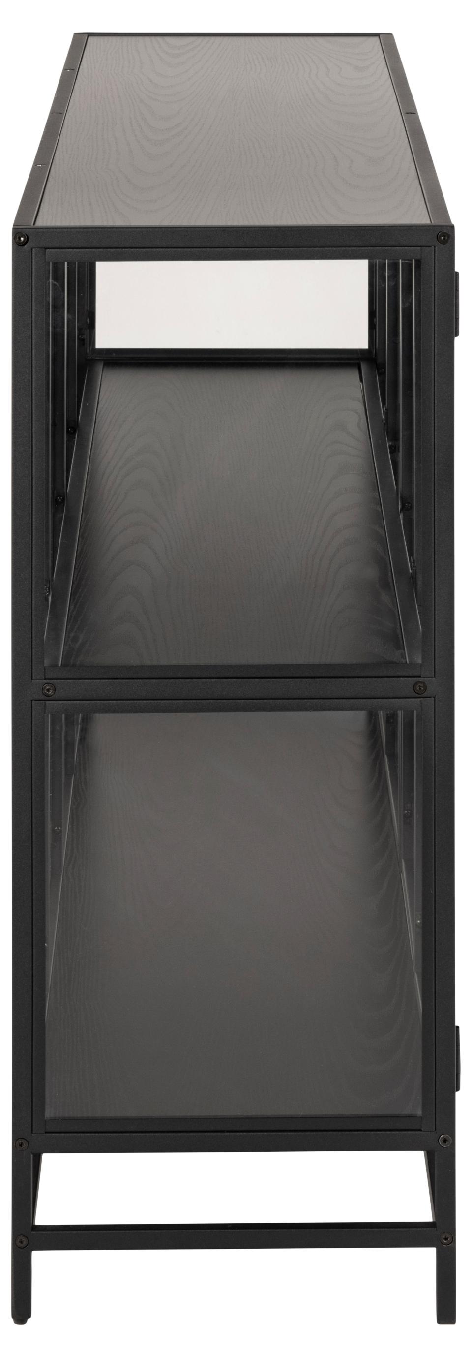 Seaford display cabinet, frame and base matt black rough powder coated steel, top and 2 shelves ash black rough melamine, 4 doors matt black rough powder coated steel and clear tempered glass, 152,4x35x86,4 cm