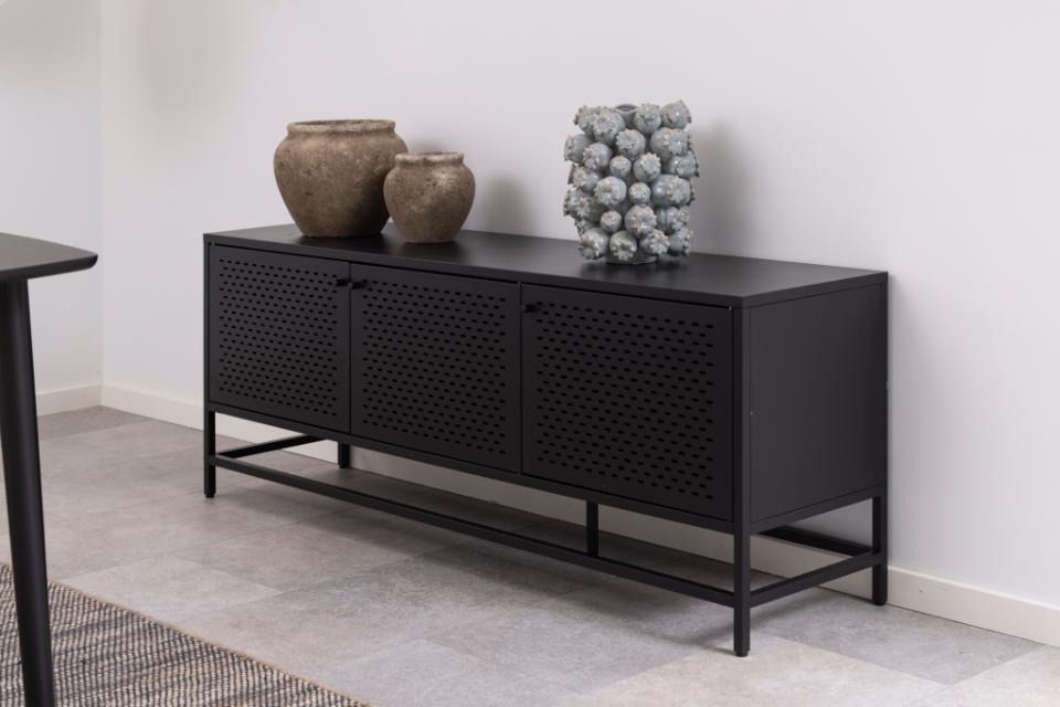 Newcastle sideboard, top, frame, 3 doors, 2 shelves and base matt black rough powder coated steel, with metal mesh, 160x40x60 cm