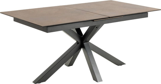 Heaven rectangular dining table, top rusty brown Lemco rough ceramic, cross base matt black rough powder coated steel, with extension leaf storage and synchronous extension, 168/210x90x76 cm