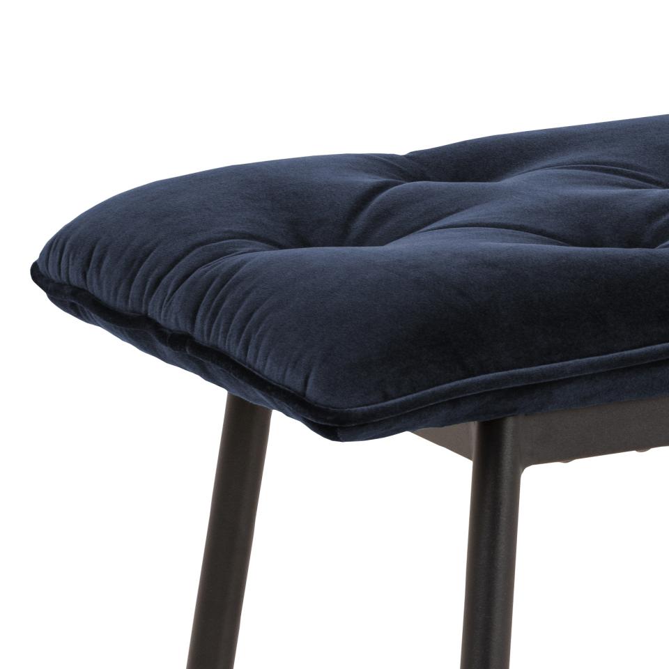 Brooke bench, Vic fabric midnight blue 77AC FR, base matt black rough powder coated steel, with tuftings, 159x38x48 cm