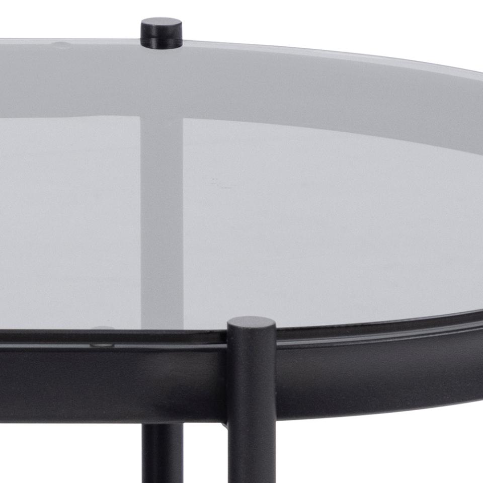 Bayonne oval coffee table, top and shelf smoked tempered glass, base matt black rough powder coated steel, 95x50x42 cm