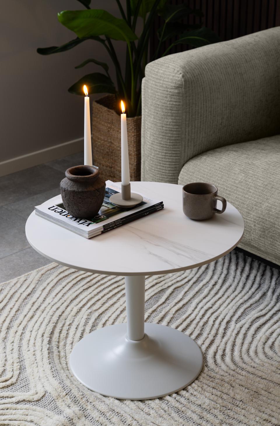 Malta round coffee table, top white Unico rough ceramic, trumpet base white rough powder coated steel, Ø60x45 cm