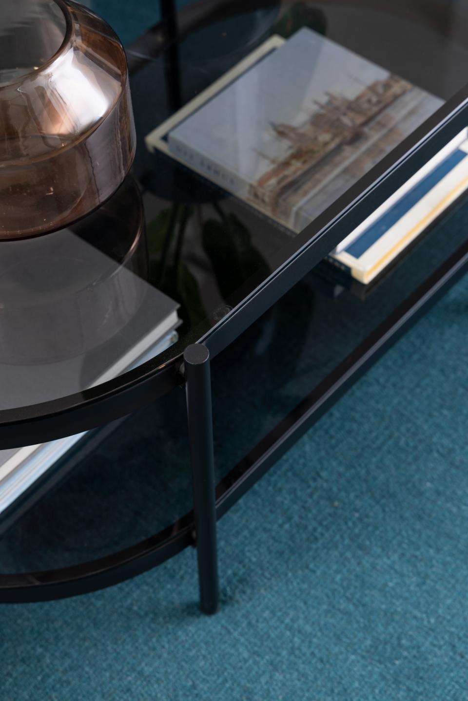 Bayonne oval coffee table, top and shelf smoked tempered glass, base matt black rough powder coated steel, 95x50x42 cm