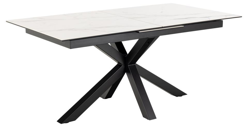 Heaven rectangular dining table, top white Akranes rough ceramic, cross base matt black rough powder coated steel, with extension leaf storage and synchronous extension, 168/210x90x76 cm