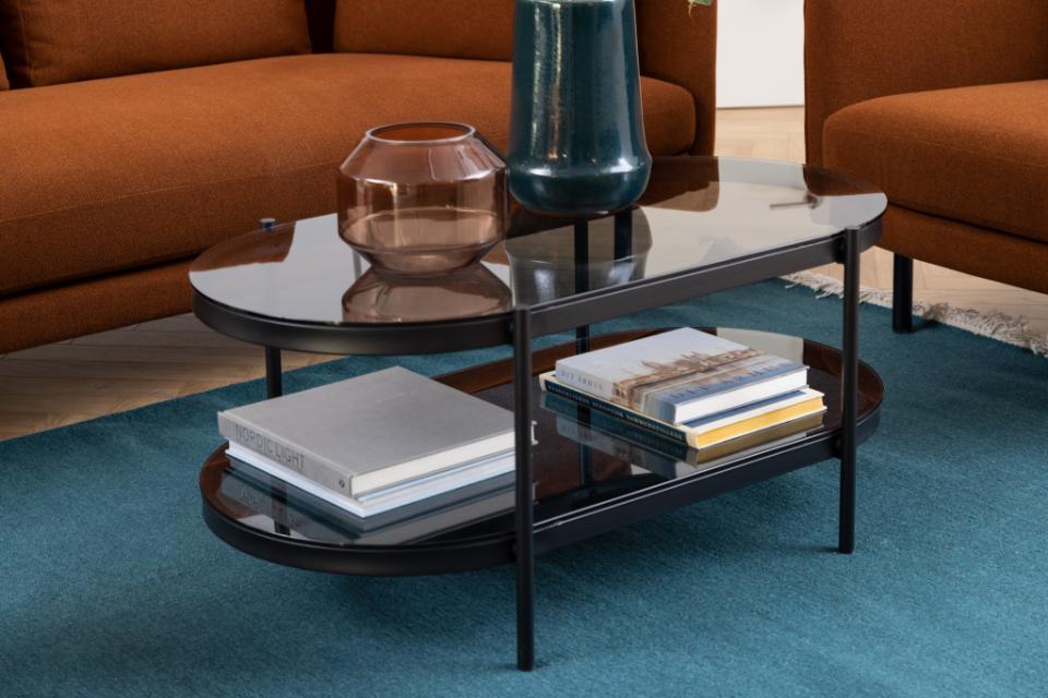 Bayonne oval coffee table, top and shelf smoked tempered glass, base matt black rough powder coated steel, 95x50x42 cm