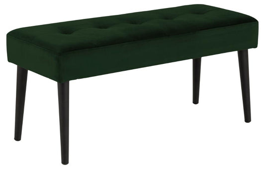 Glory bench, Vic fabric forest green 68AC FR, base matt black rough powder coated steel, with tuftings, 95x38x45 cm