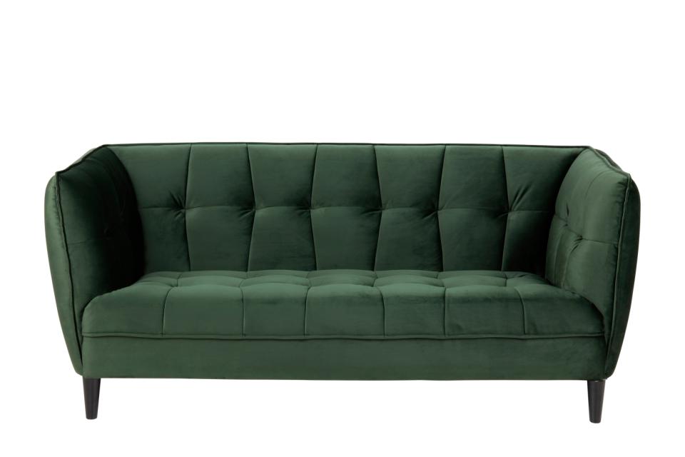 Jonna 2.5-seater, Vic fabric forest green 68AC, base black NC lacquered rubberwood, with tuftings, 182x82x80 cm