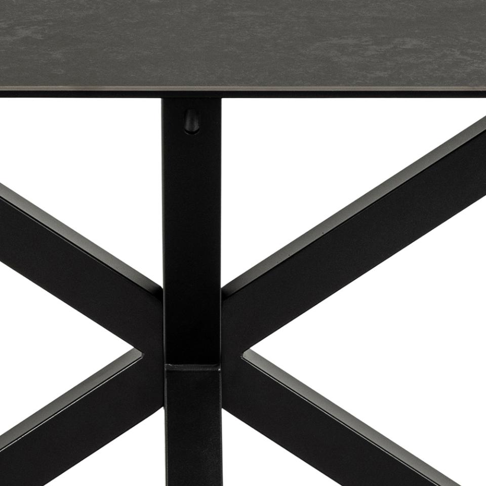 Heaven rectangular dining table, top black Fairbanks rough ceramic, cross base matt black rough powder coated steel, 160x90x75,5 cm