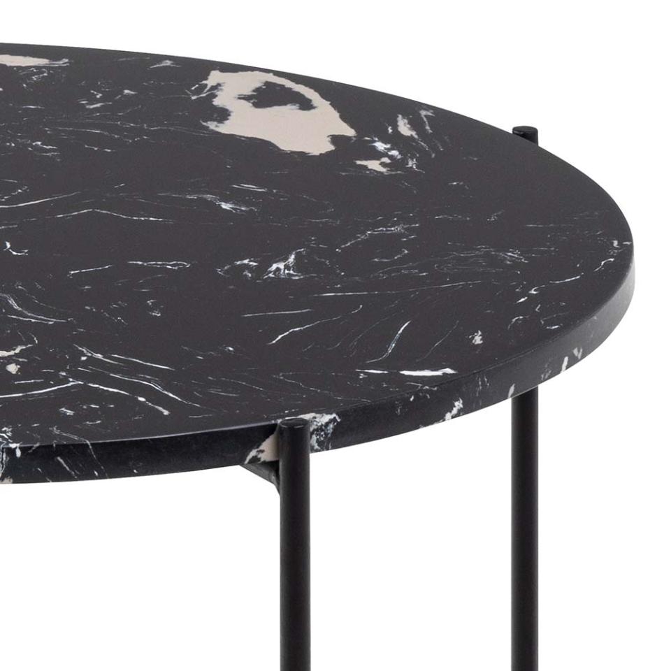 Avila round side table, top black polished art. marble stone, base matt black rough powder coated steel, Ø52x40 cm