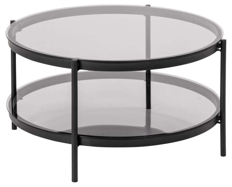 Bayonne round coffee table, top and shelf smoked tempered glass, base matt black rough powder coated steel, Ø79x42 cm