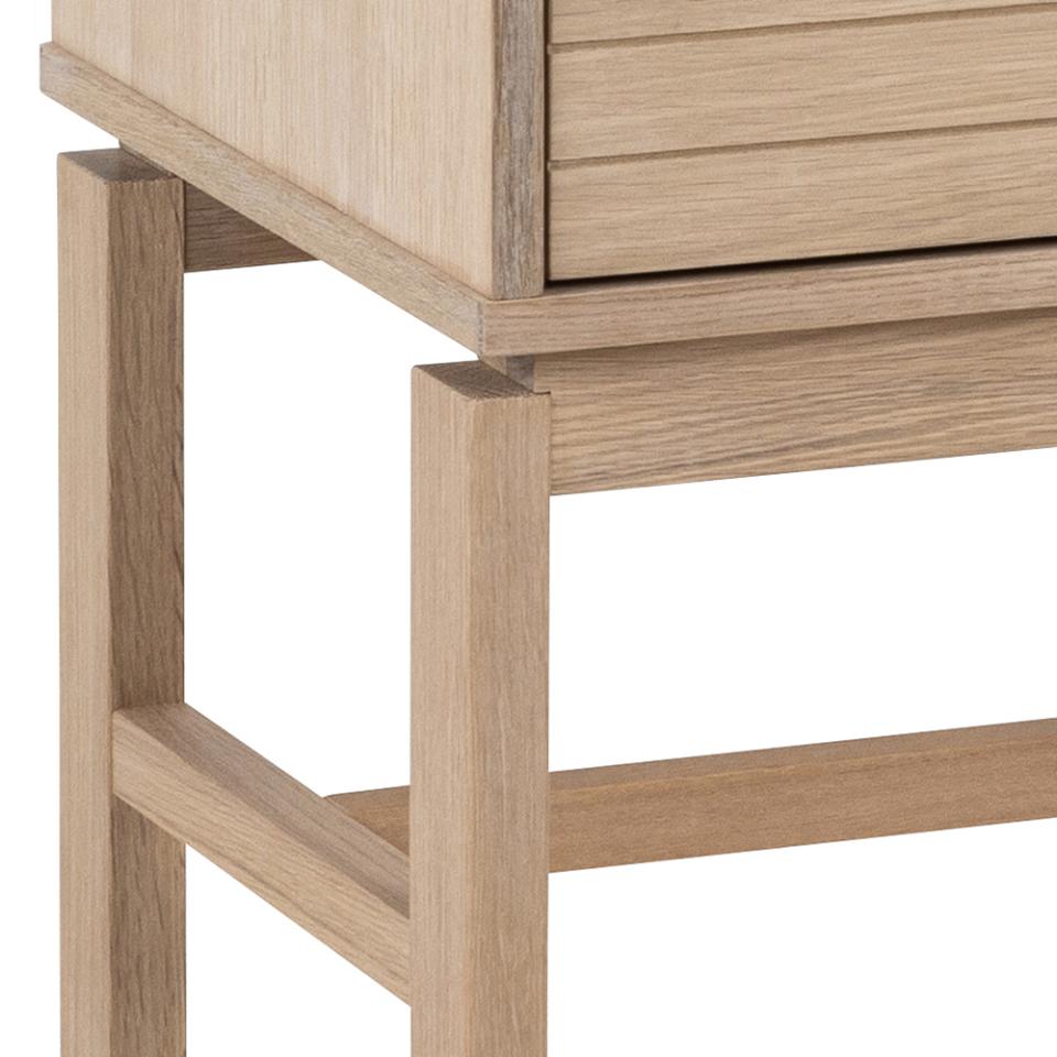 Linley cabinet, top, frame, 2 doors and 4 shelves white pigmented oiled oak veneer, base white pigmented oiled oak, with lamella front and push to open function, 90,8x40x150 cm