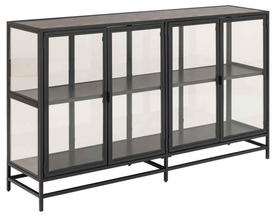 Seaford display cabinet, frame and base matt black rough powder coated steel, top and 2 shelves ash black rough melamine, 4 doors matt black rough powder coated steel and clear tempered glass, 152,4x35x86,4 cm