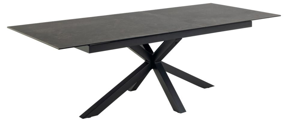 Heaven rectangular dining table, top black Fairbanks rough ceramic, cross base matt black rough powder coated steel, with extension leaf storage and synchronous extension, 200/240x100x76 cm