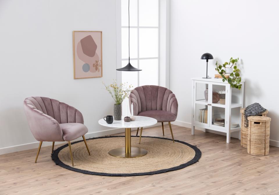 Corby round coffee table, top white Guangxi polished marble, disc base brass brushed steel, Ø80x45 cm