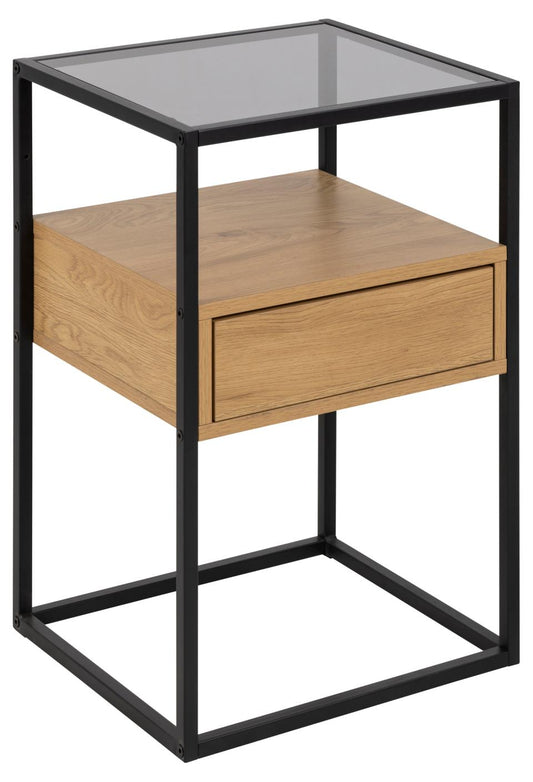 Randolf square bedside table, top smoked tempered glass, drawer and shelf matt wild oak rough melamine, base matt black rough powder coated steel, with open compartment, 40x35x60 cm