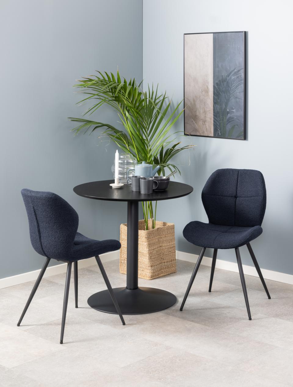 Ibiza round café table, top matt black NC lacquered ash veneer, trumpet base matt black rough powder coated steel, Ø80x74 cm