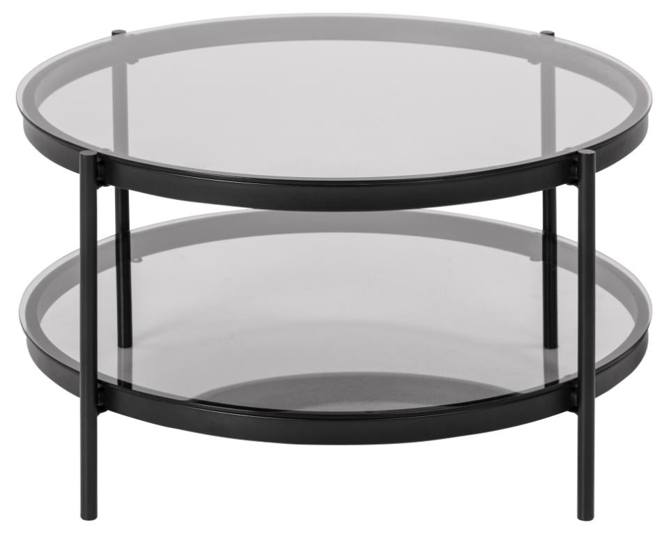 Bayonne round coffee table, top and shelf smoked tempered glass, base matt black rough powder coated steel, Ø79x42 cm