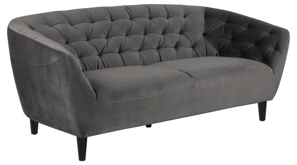 Ria 3-seater, Vic fabric dark grey 28, base black NC lacquered rubberwood, with pocket springs and tuftings, 191x84x78 cm