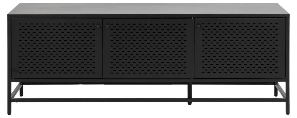 Newcastle sideboard, top, frame, 3 doors, 2 shelves and base matt black rough powder coated steel, with metal mesh, 160x40x60 cm