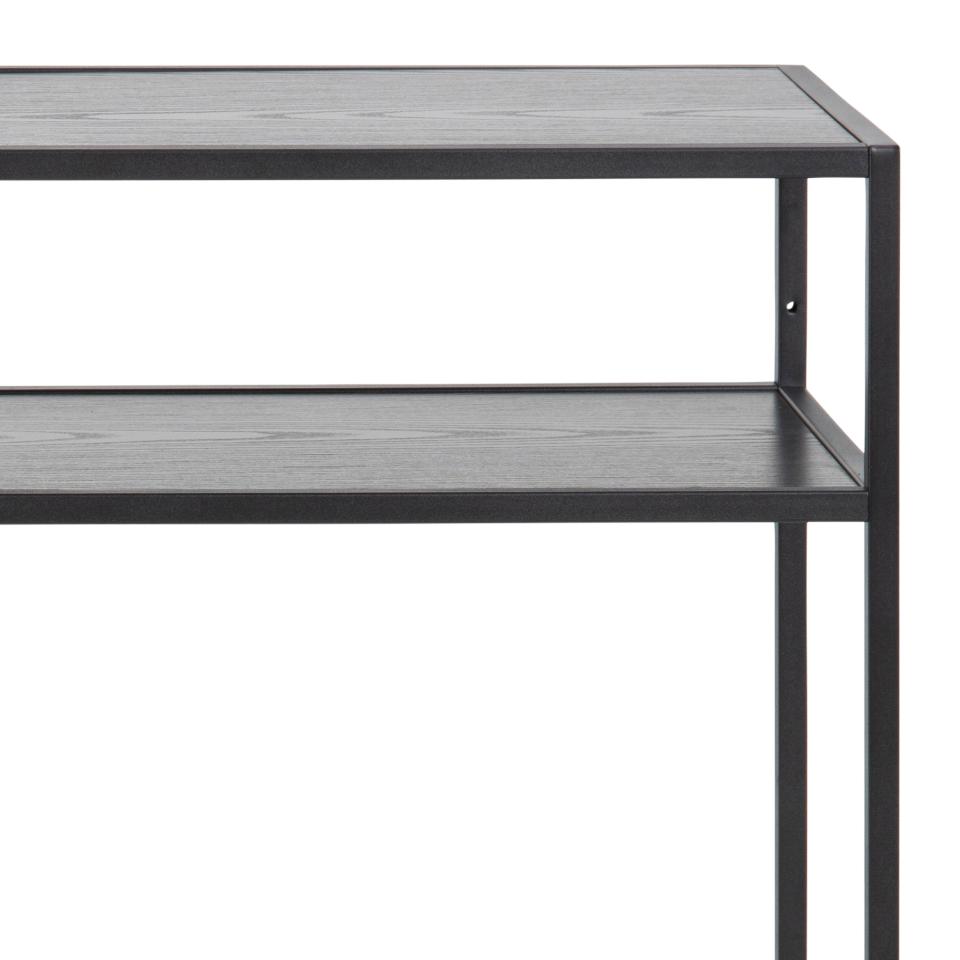 Seaford rectangular console table, top and shelf ash black rough melamine, base matt black rough powder coated steel, 120x35x79 cm