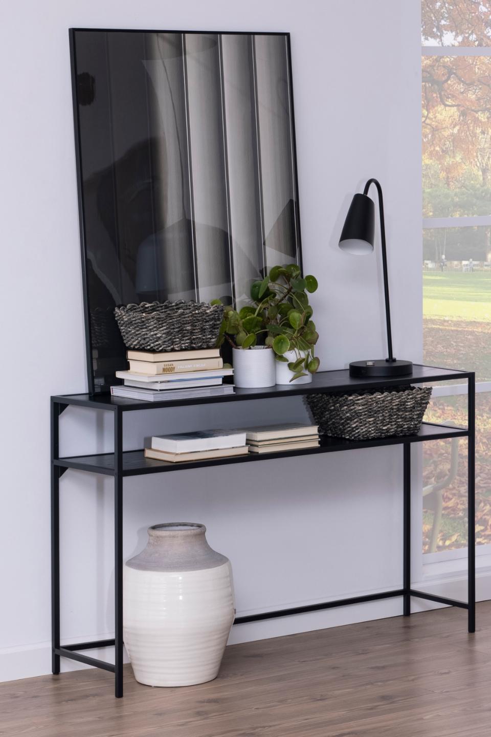 Seaford rectangular console table, top and shelf ash black rough melamine, base matt black rough powder coated steel, 120x35x79 cm