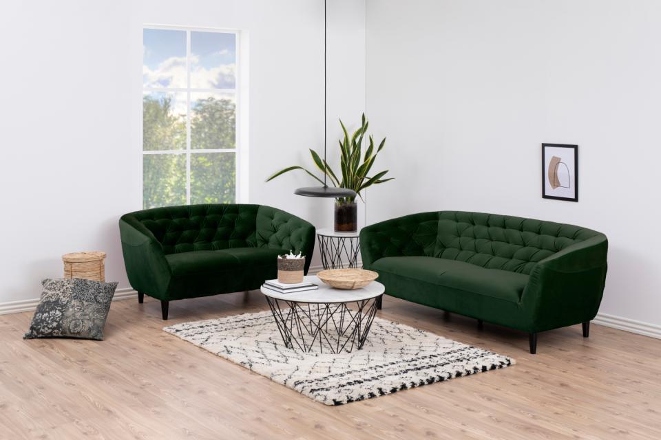 Ria 2-seater, Vic fabric forest green 68AC, base black NC lacquered rubberwood, with pocket springs and tuftings, 150x84x78 cm