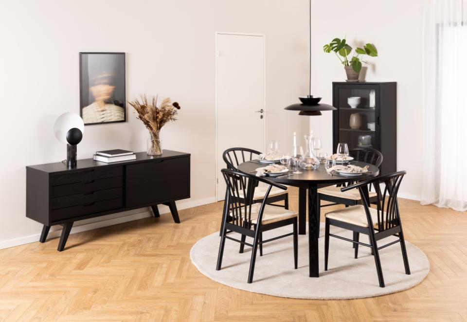 A-Line round dining table, top matt black PU lacquered oak veneer, base matt black NC lacquered oak veneer, Ø120/220x75 cm