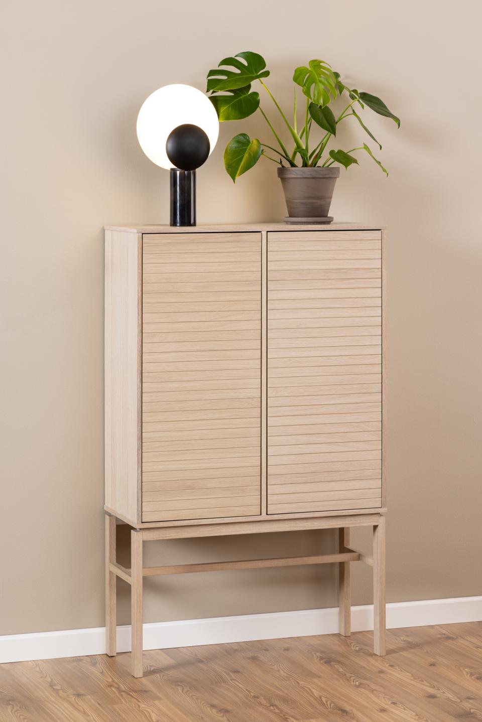 Linley cabinet, top, frame, 2 doors and 4 shelves white pigmented oiled oak veneer, base white pigmented oiled oak, with lamella front and push to open function, 90,8x40x150 cm