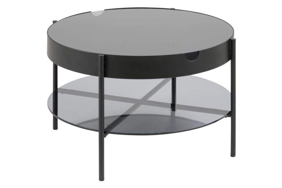 Tipton round coffee table, top and shelf smoked tempered glass, frame and base matt black powder coated steel, with hidden storage, Ø75x45 cm