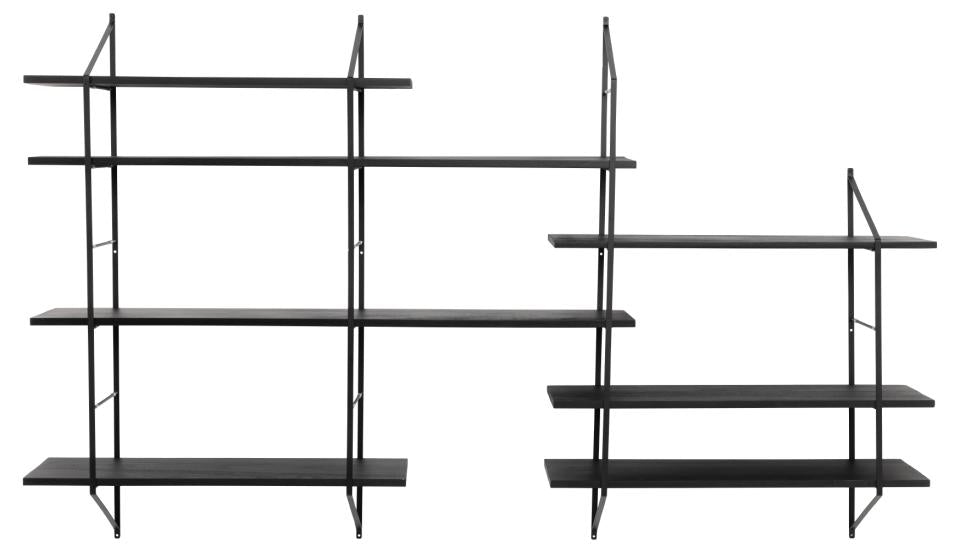 Belfast rectangular wall shelf, frame matt black powder coated steel, 7 shelves matt black WB lacquered paulownia, with asymmetrical detail, 196x25x111 cm