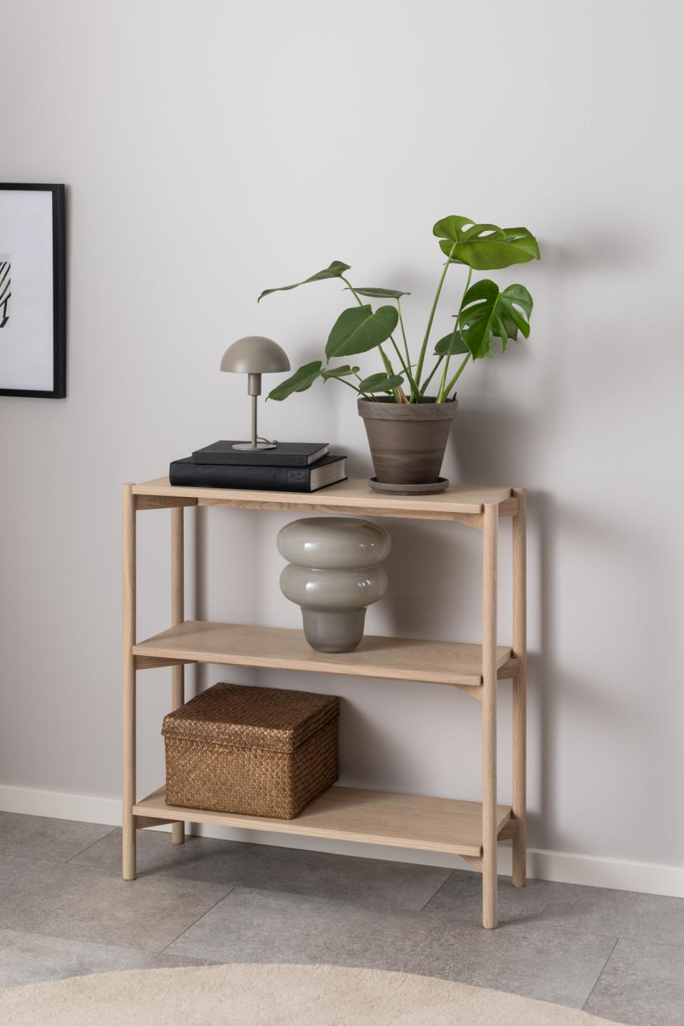 Oxford bookcase, frame and base white pigmented oiled oak, 2 shelves white pigmented oiled oak veneer, 86x30x88,5 cm