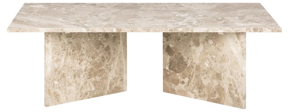 Vega rectangular coffee table, top and V-shape base matt Latte brown lacquered marble, 140x70x42 cm