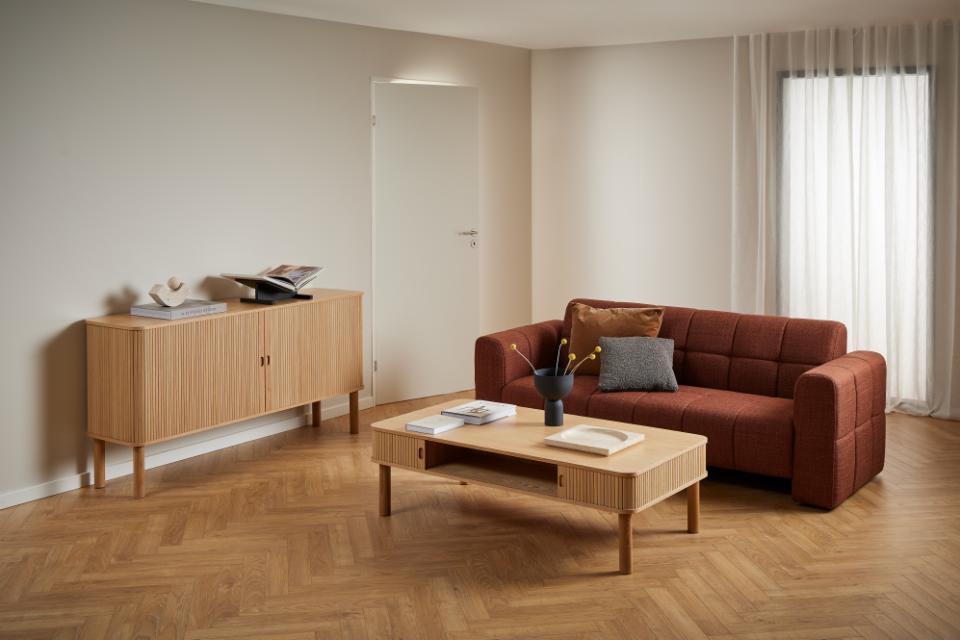 Langley sideboard, top and frame oak PU lacquered veneer, 2 doors oak NC lacquered veneer, 2 shelves oak melamine, base NC lacquered oak, with lamella front, sliding door and tambour door, 160x40x80 cm