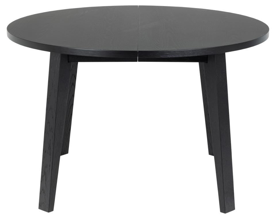 A-Line round dining table, top matt black PU lacquered oak veneer, base matt black NC lacquered oak veneer, with preparation for extension leaves, box 1 of 2, Ø120x75 cm