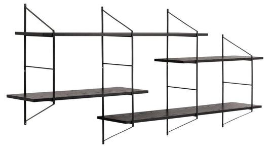 Belfast rectangular wall shelf, frame matt black powder coated steel, 4 shelves ash black rough melamine, with asymmetrical detail, 191x25,5x79 cm