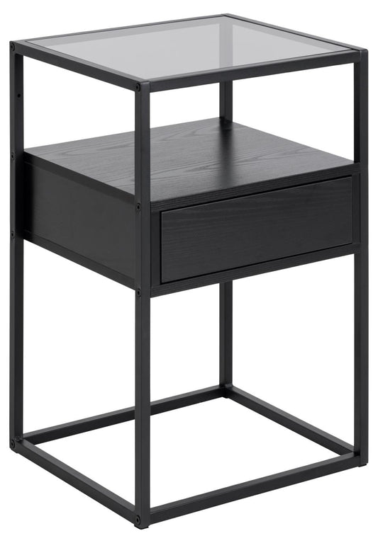 Randolf square bedside table, top smoked tempered glass, drawer and shelf ash black rough melamine, base matt black rough powder coated steel, with open compartment, 40x35x60 cm