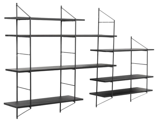 Belfast rectangular wall shelf, frame matt black powder coated steel, 7 shelves matt black WB lacquered paulownia, with asymmetrical detail, 196x25x111 cm