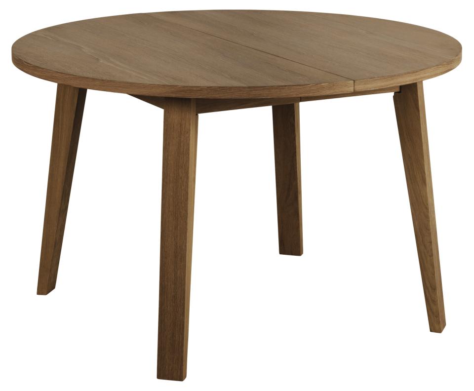 A-Line round dining table, top smoke PU lacquered oak veneer, base smoke NC lacquered oak veneer, with preparation for extension leaves, box 1 of 2, Ø120x75 cm