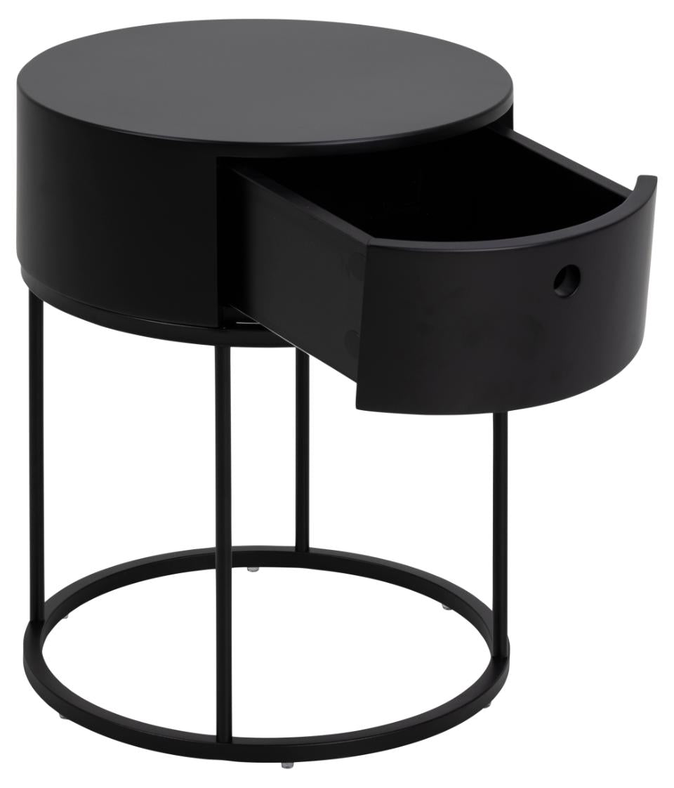 Polo round bedside table, top and drawer black PU painted MDF, base matt black rough powder coated steel, Ø40x51 cm