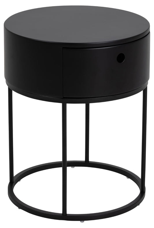 Polo round bedside table, top and drawer black PU painted MDF, base matt black rough powder coated steel, Ø40x51 cm